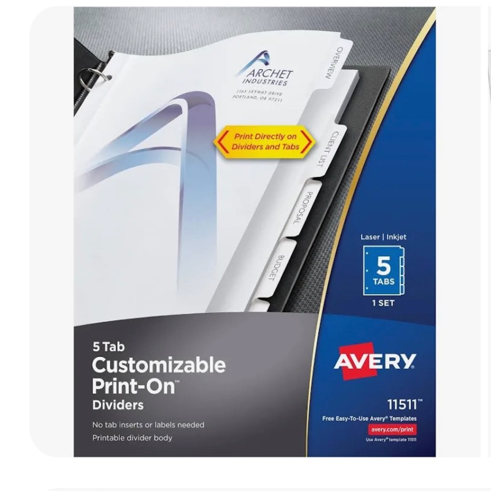 Avery Print on Dividers, 5 Tabs, 1 Set, 11511